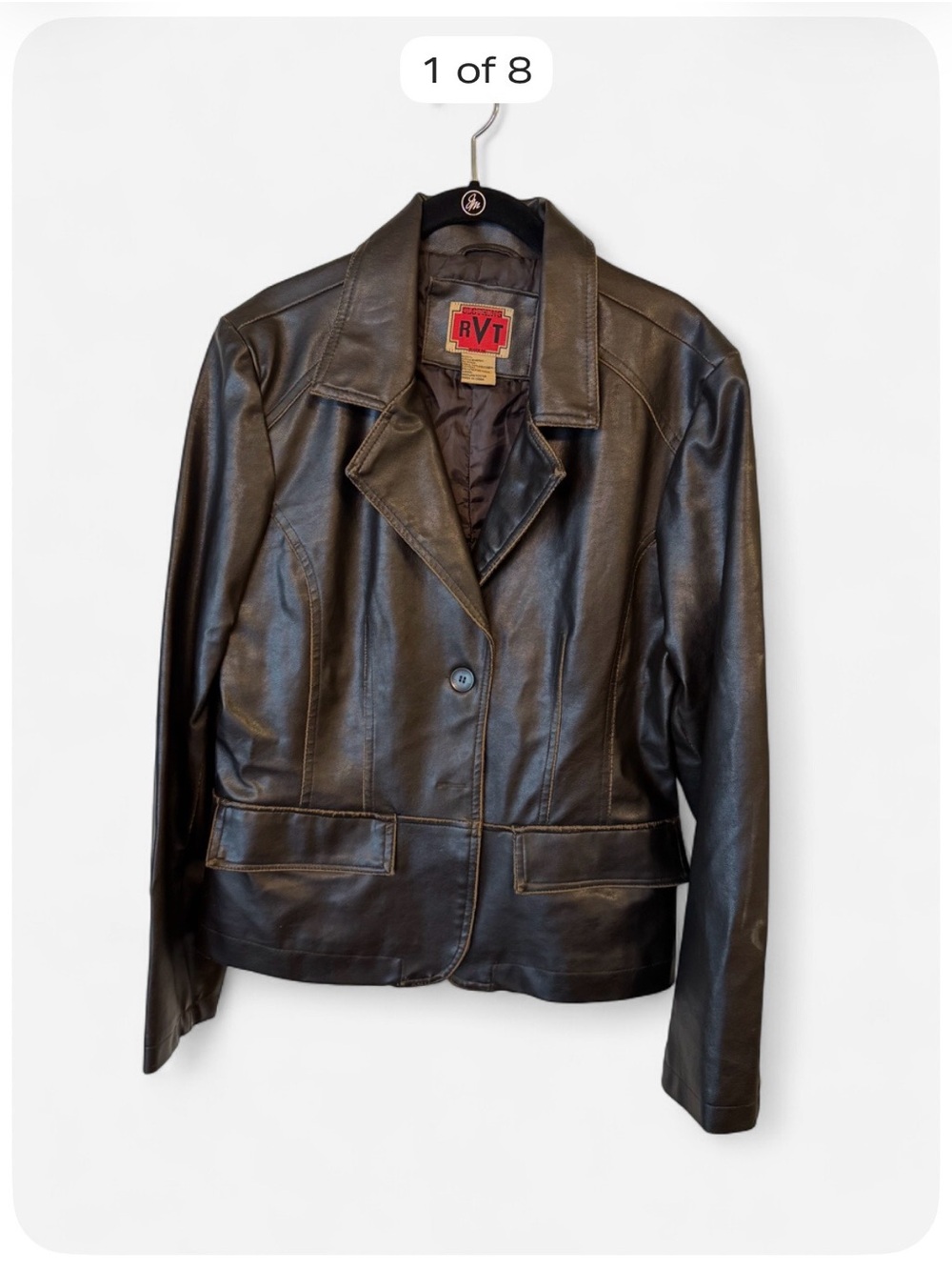RVT Women’s Brown Faux Leather Blazer Jacket Size L Distressed Elbow Patch